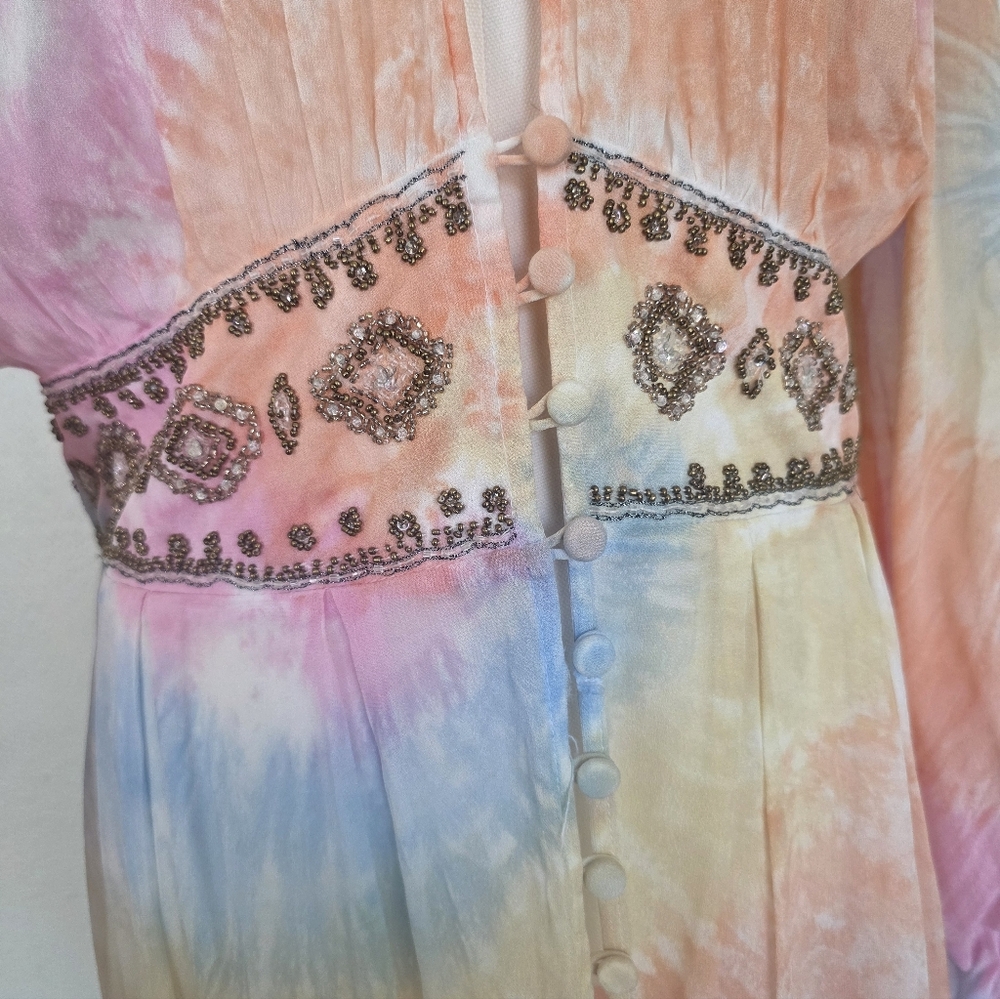 Free People Summer of Love Kimono Maxi Dress Tie Dye Boho Beaded Waist S - Picture 4 of 14
